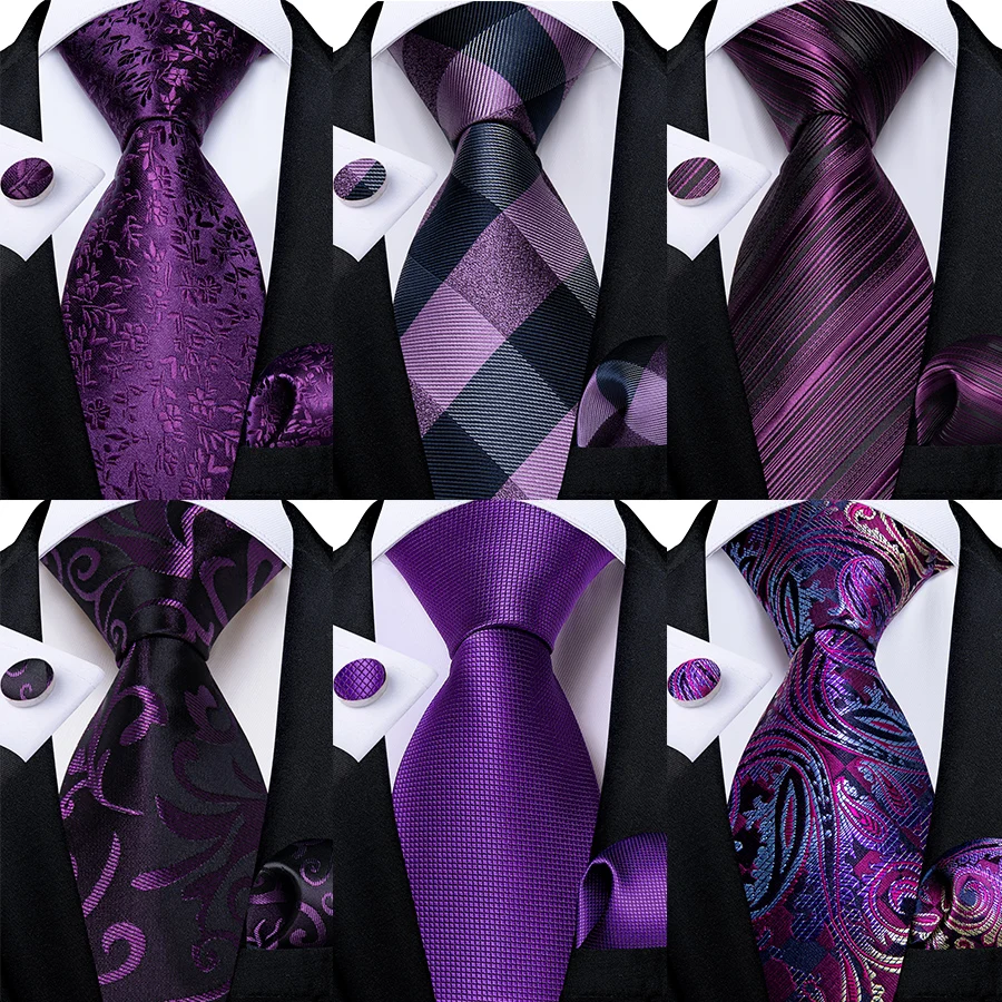 Purple Floral Silk Necktie For Men Pocket Square Set