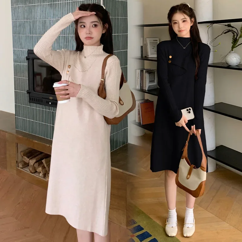 Fall Maternity Dress Elegant Solid Color Slimming Loose Two-Piece Set Maternity Gown Comfortable Breathable Soft Cotton