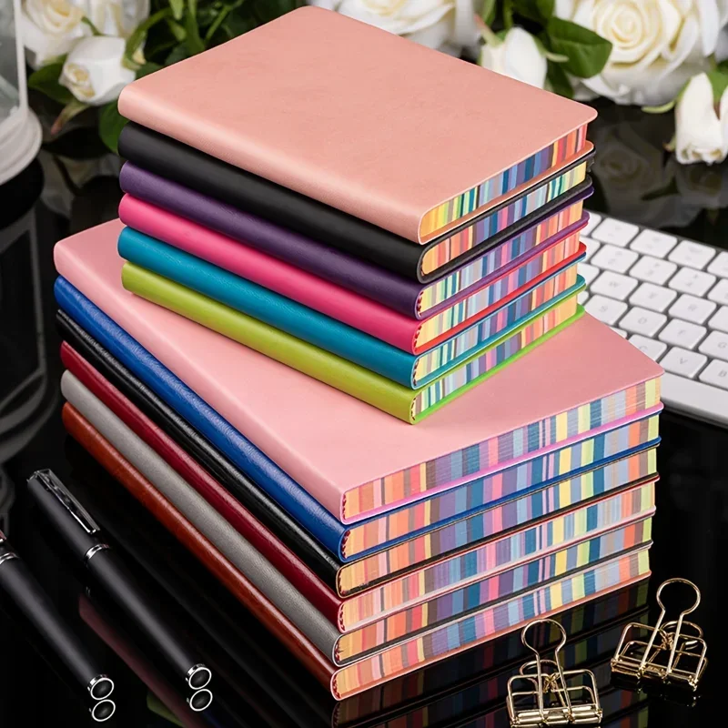 

1pc 100 Sheets Work Meeting Record Notebook A6 Rainbow Edge Notebook with Soft Leather Cover Office School Student Office Diary