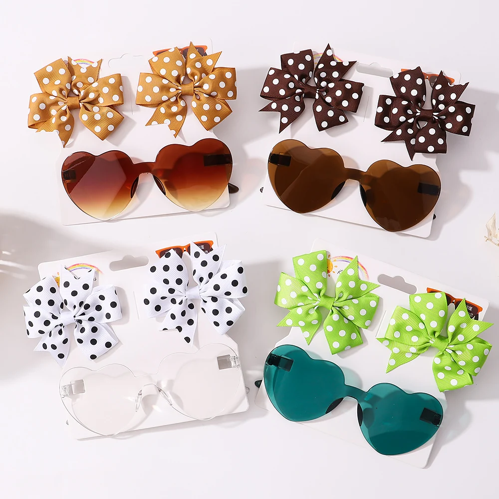 3Pcs/Set Fashion Baby Hair Accessories For Kids Cute Solid Dot Hairpin Colorful Heart Sun Glasses Girls Boutique Bowknot Clips 2