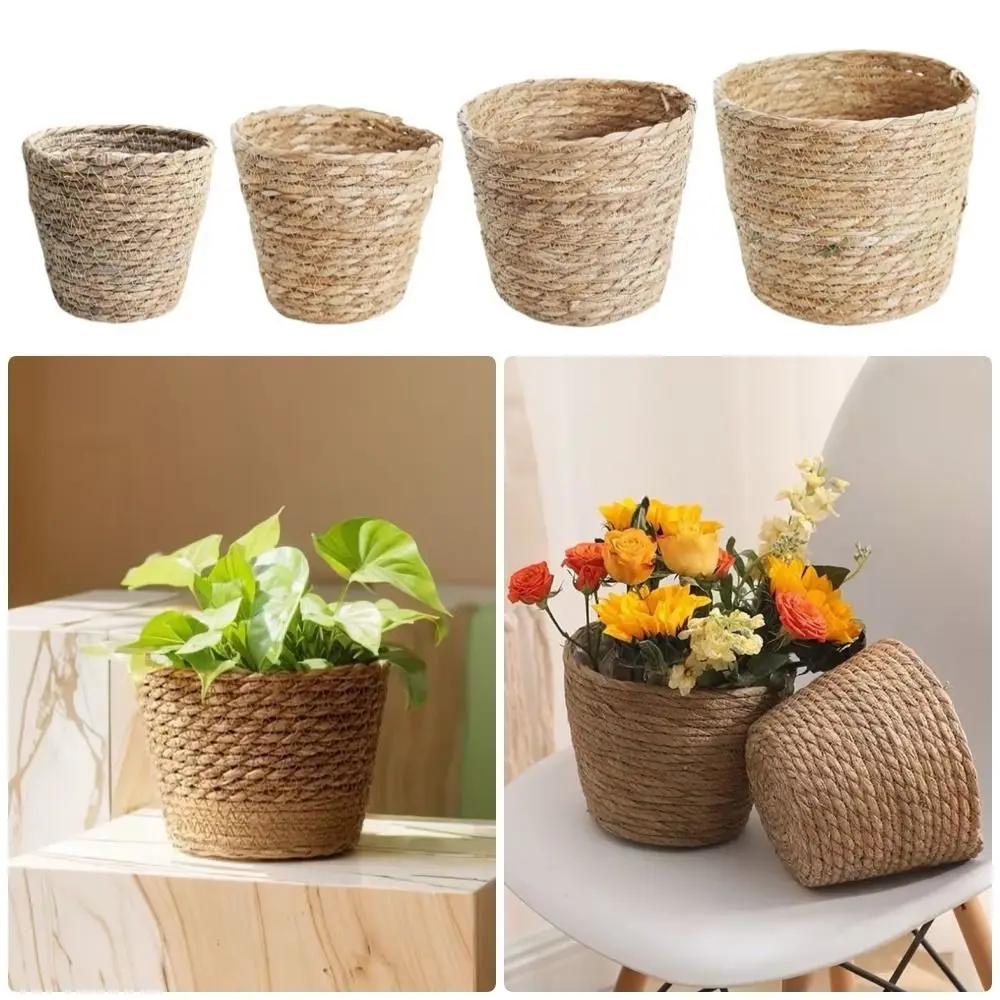 1Pcs Durable Flower Pot Basket Grass Woven Flowerpot Planter Basket Rattan Straw Woven Plant Flower Basket Furniture Decoration