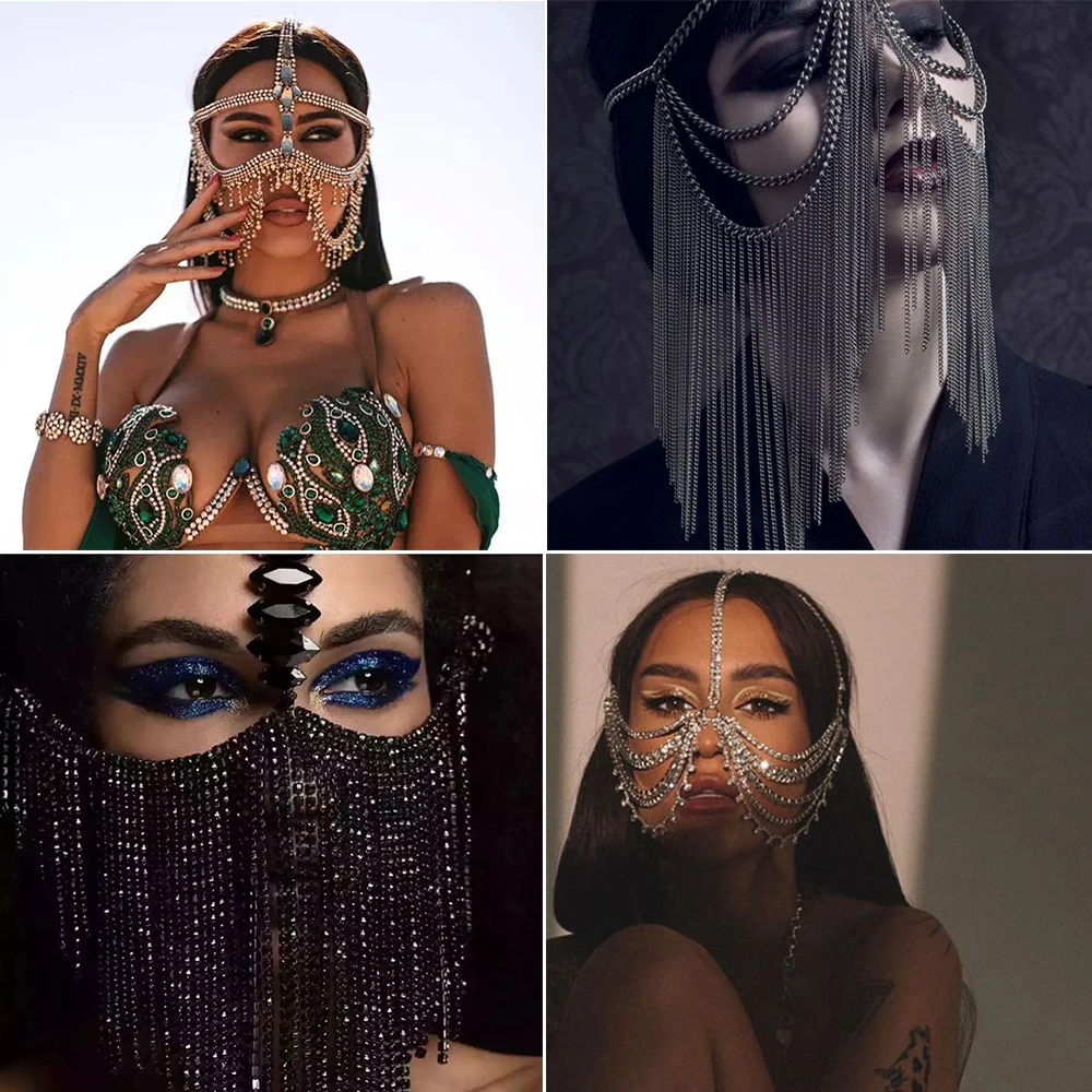 Bohomia Fashion Tassel Veil Masks Women Rhinestone Metal Chain Face Mask Masquerade Dance Party Face Curtain Charming Jewelry face mask disposable face mask cotton face mask womens face scarf