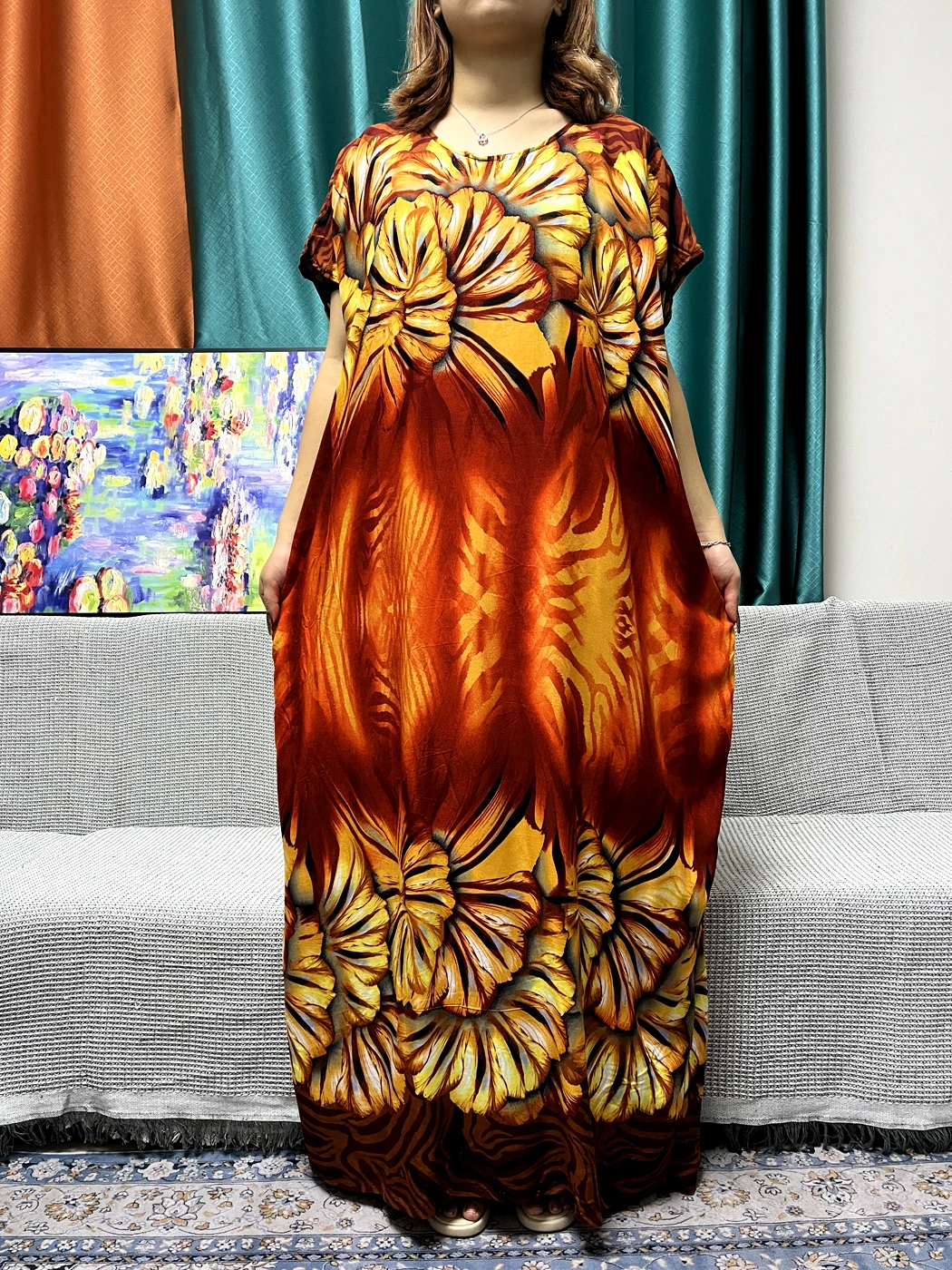 Abayas For Women Printed Flower Cotton Loose Caftan Marocain Femme Robe Muslim African Islam Nigeria Turkey Dresses With Turban