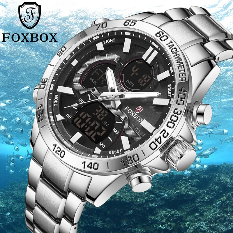 FOXBOX Brand Military Sport Mens Watches Multifunction Digital Stainless Steel Wristwatch Quartz Male Clock Relogio Masculino