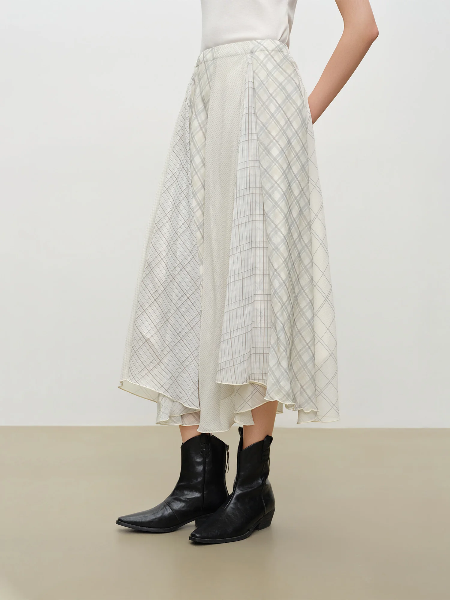 ZIQIAO 2026 Summer Women's Chiffon Panel Plaid A-Line High Waist Skirt for Daily and Summer Wear
