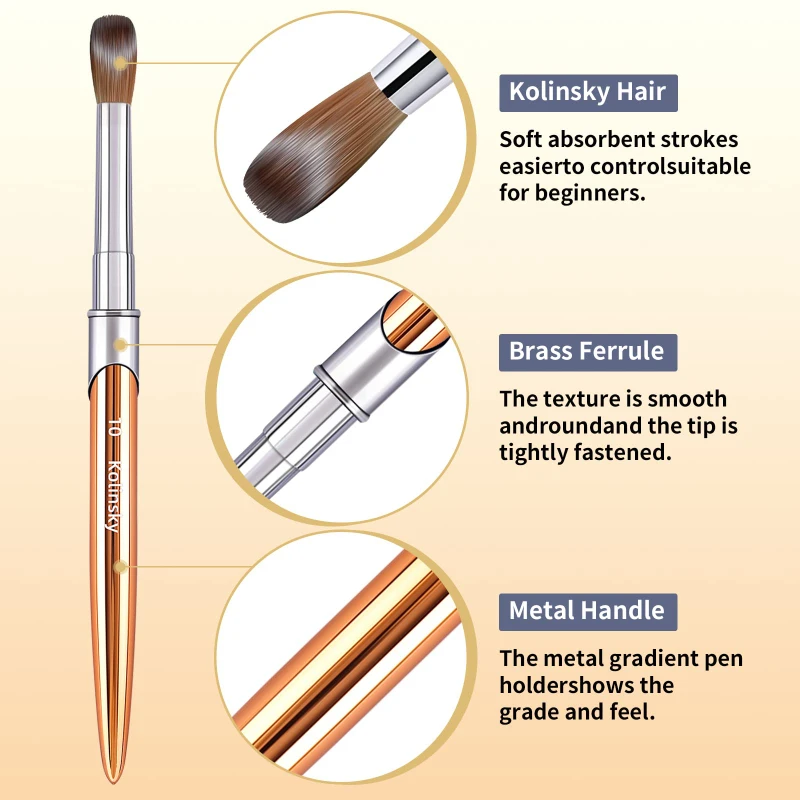 100% Pure Kolinsky Acrylic Nail Brush Oval Crimped Gold Handle Professional Salon Quality for Acrylic Powder Size 2-18# 2