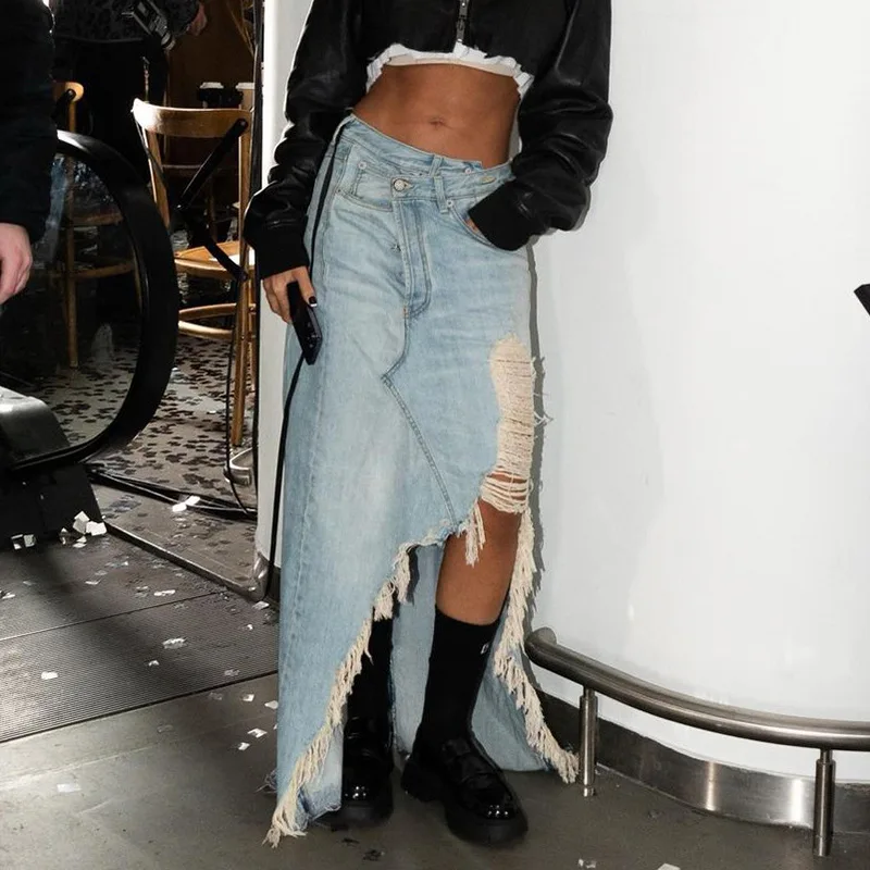 

Women's Denim Skirt 2023 New Street Style Irregular High Waist Personality Ripped Hole Raw Edge Denim Long Skirt Free Shipping