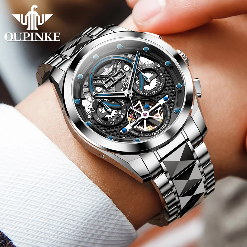 OUPINKE 3249 Men Watch Top Brand 50m Waterproof Mechanical Watch For Men Hollow Skeleton Synthetic Sapphire Mirror Wristwatch