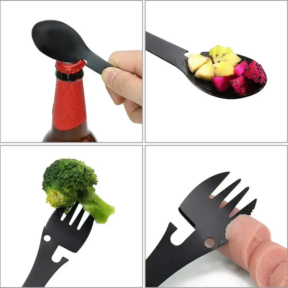 Posate Multifunzione Da Campeggio In Acciaio Inox - Cucchiaio, Forchetta E Apriscatole Portatile - 2