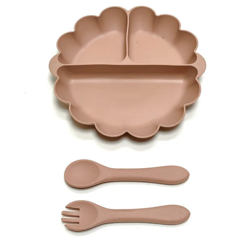 3pcs Silicone pumpkin 3-compartment plate, fork and spoon setSilicone dinner plate for children's independent complementary food 6