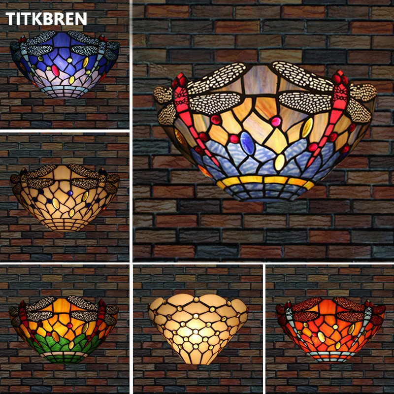 

European Style Tiffany Dragonfly Wall Lamp Stained Glass Lampshade Nostalgic Hotel Villa Restaurant Corridor Aisle Lighting