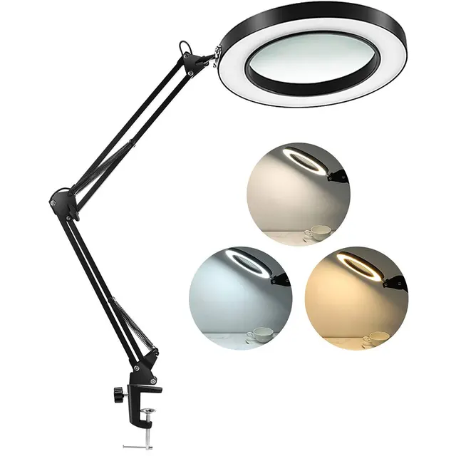 Hands-Free LED Magnifying Desk Lamp – 108 LEDs, 3-Section Swing Arm, Big Clamp