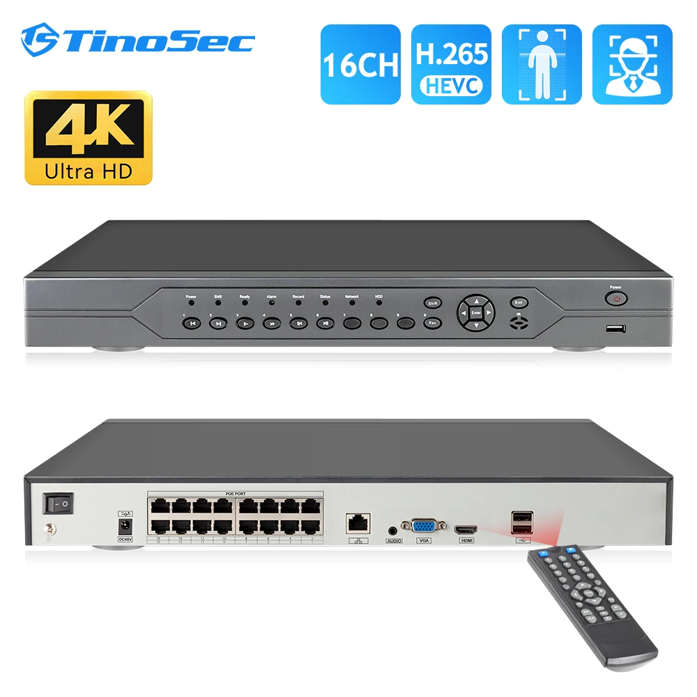 TinoSec H.265 16CH POE NVR 4K 5MP 1080P Network Video Recorder for Security Surveillance Kit Smart AI Face Detect Support Onvif