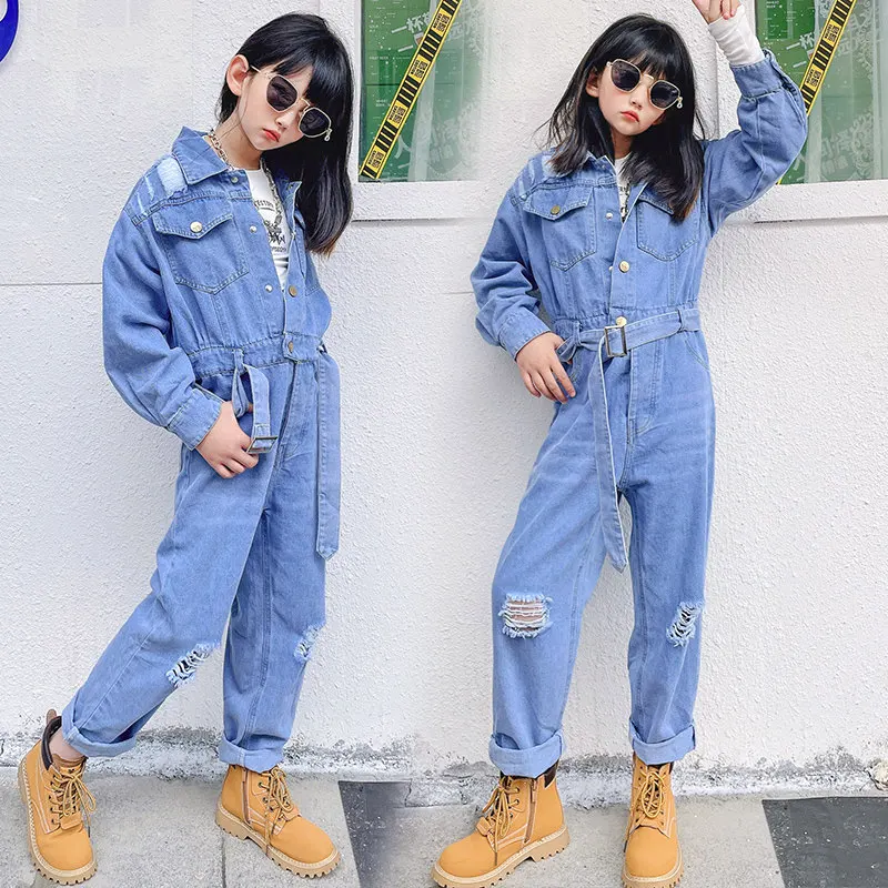 

New Girls Denim Overall Baby One Piece Spring Autumn Kids Jumpsuits Children Streetwear Clothes Ripped Hole Waistbelt 5 To 14Yrs