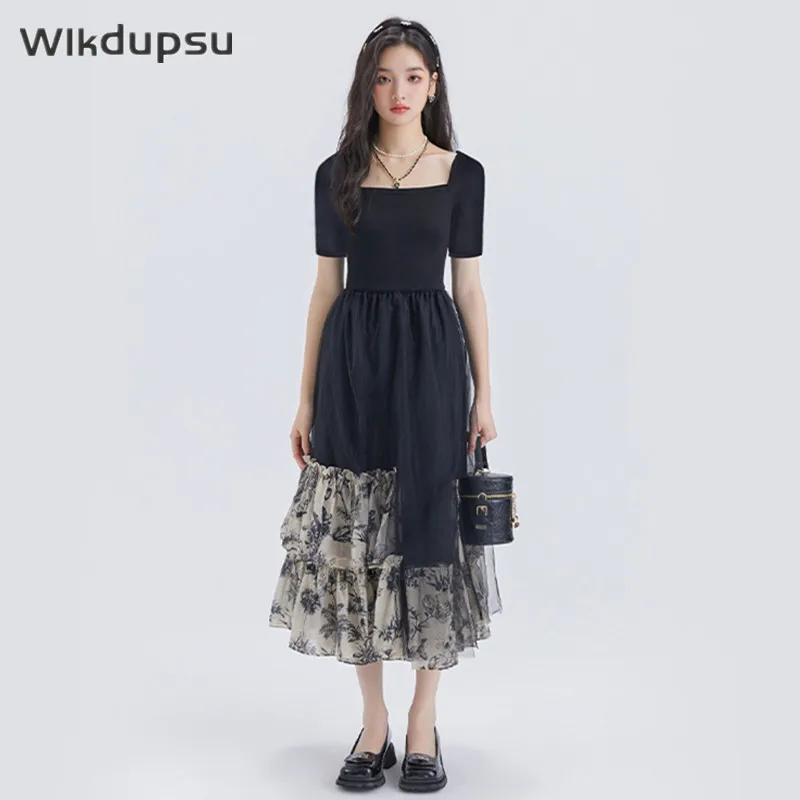 

Vintage Retro y2k Fairy Style Patchwork Long Dress Women Luxury Designer Ruffles Summer High Quality Casual Party Dresses Female