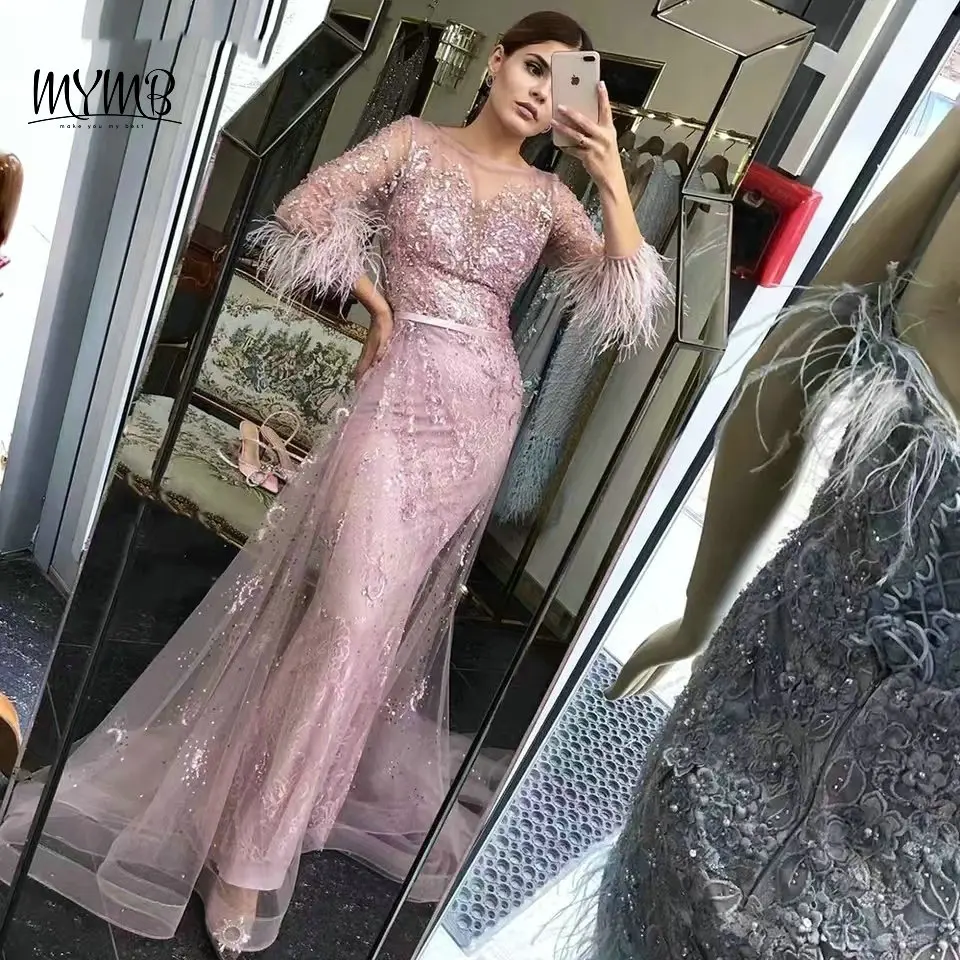 MYMB Muslimische Elegante Lange Ärmel Abendkleider für Frauen Promi O Neck Perlen Feder Hochzeit Party Kleider Angepasst DKD013 – Detail 3