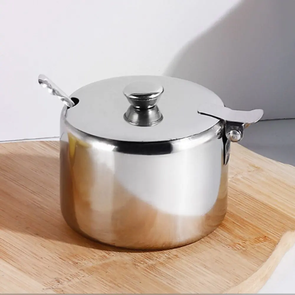 Practical Stainless Steel Sugar Bowl with Lid Spoon Dustproof Spice Container for Kitchen Convenient Silver Condiment Pot