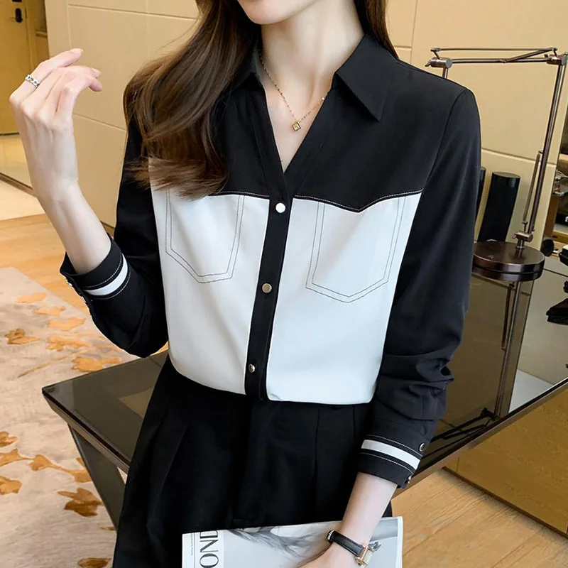 Temperament Chiffon Shirt Women's Clothing Spring and Autumn 2023 New Turn-down Collar Contrasting Colors Long Sleeve Blouses
