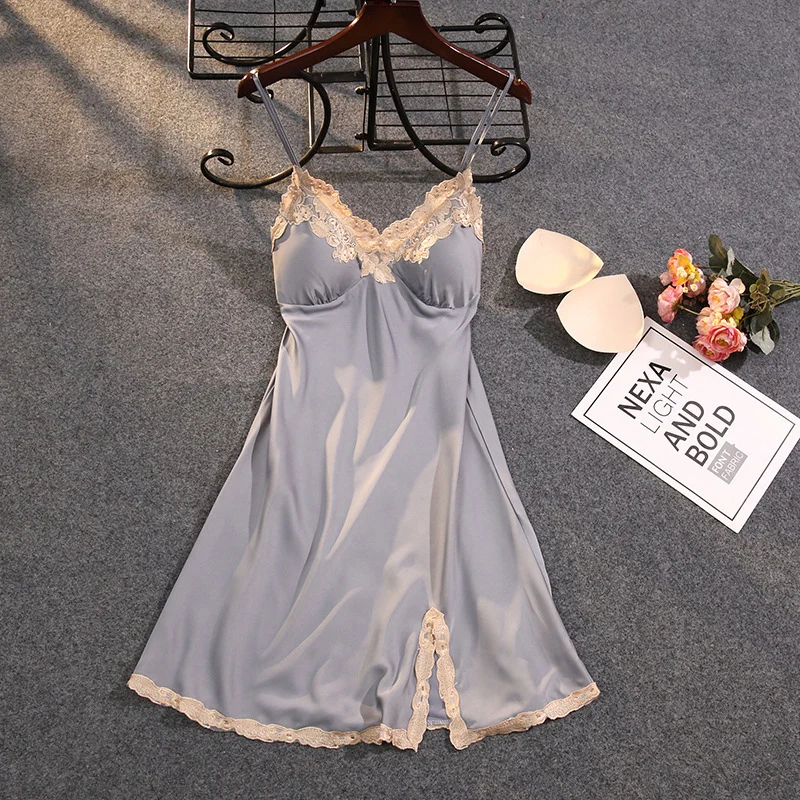 

Women's Nightdress Summer Simple Thin Sexy Ice Silk Suspender Pajamas With Chest Pad Lace V-Neck Split Female Home Nightgown