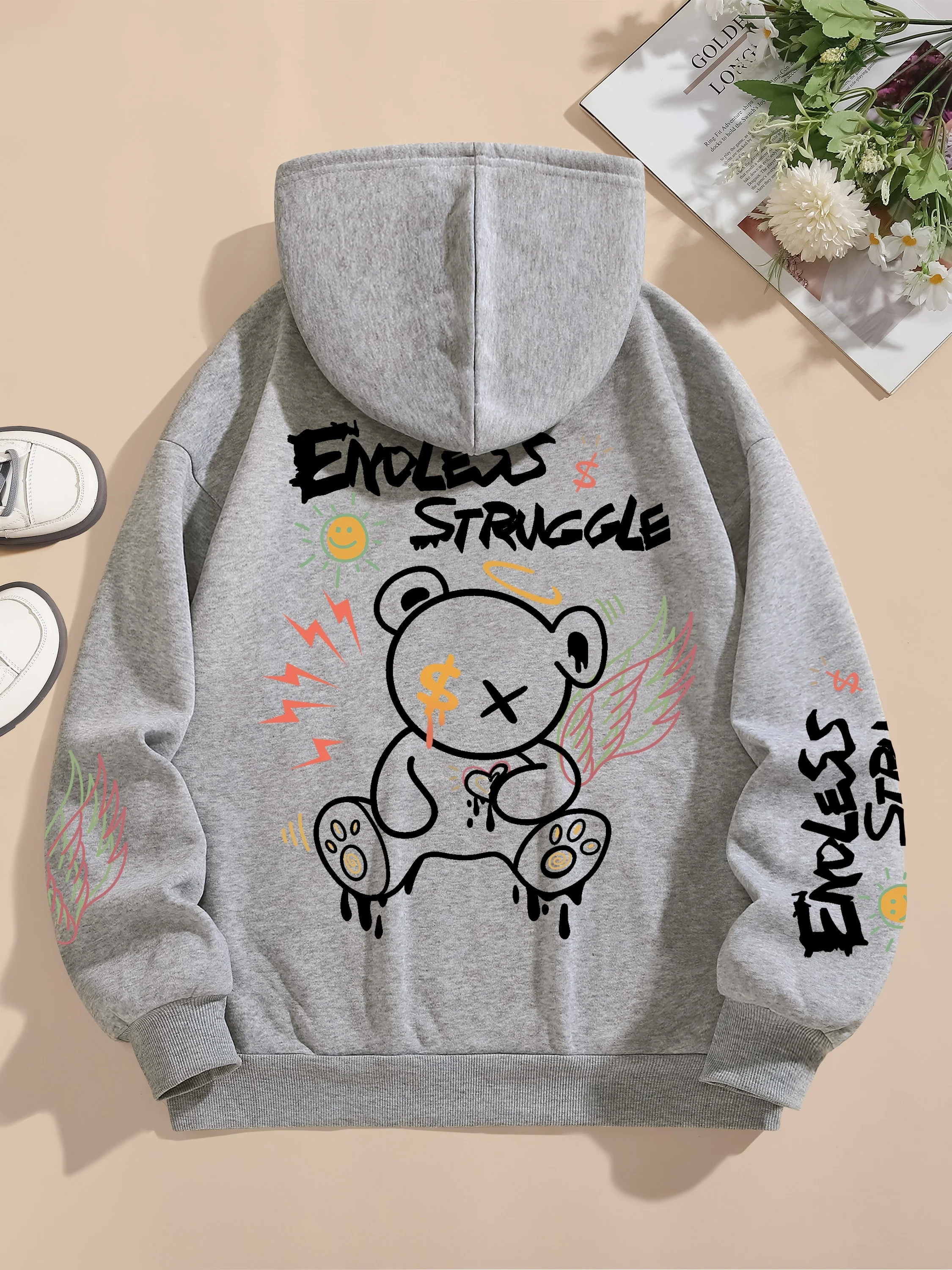 Street Women Sweatshirts Endless Struggle Graffiti Bear Printed Hoodies Crewneck Loose Pullover Fleece Warm Female Tops Clothes 3
