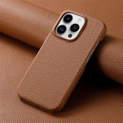 Luxury Soft Lychee Pattern Leather Phone Case - Shockproof Bumper Back Cover - iPhone 15 Pro (Y1 - Brown)