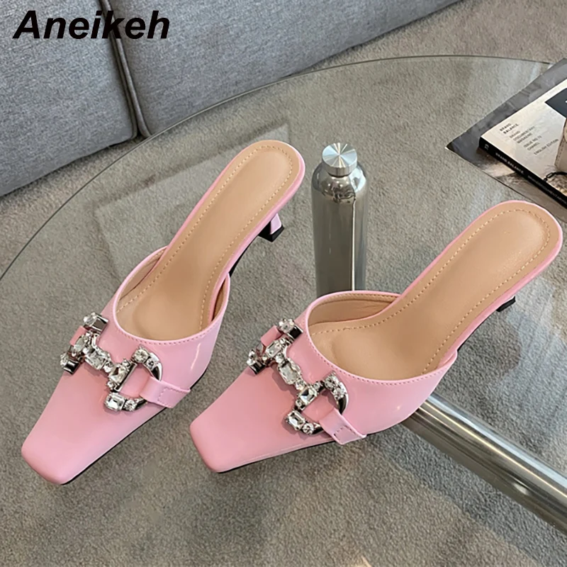 Aneikeh NEW Spring/Autumn Woman Shoes High Heels Metal Decoratio Bling Fashion Mules Pumps Square Toe Thin Heels Party Shallow