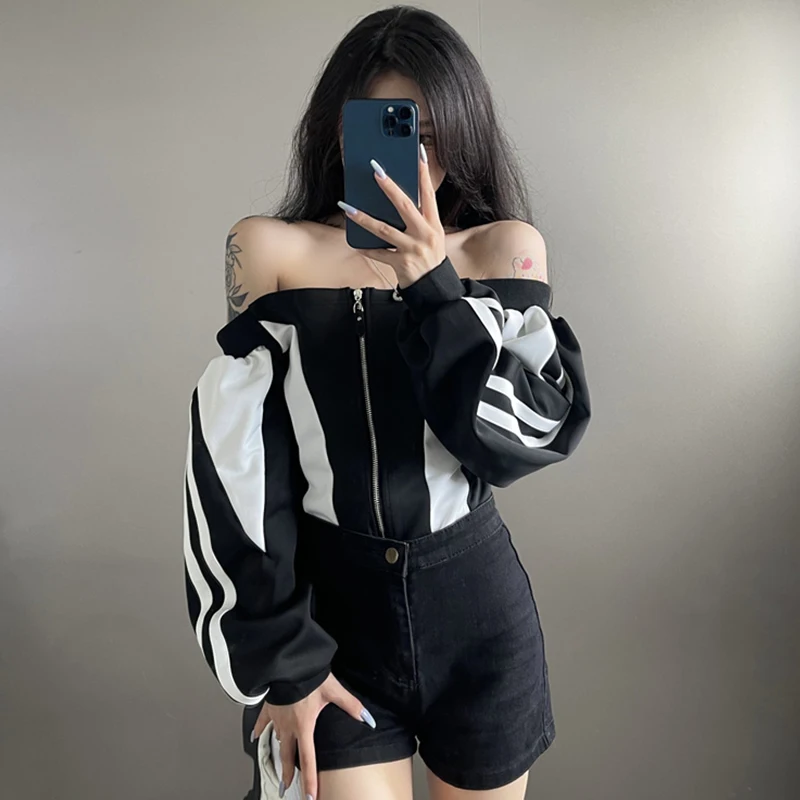 

Harajuku Lady Contrast Color Black Lantern Long Sleeve Sweatshirts Female Sexy Slash Neck Zip-up Short Sweatshirt Off Shoulder