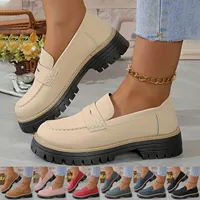 Women's Platform Loafers Shoes Fashion Solid Color Thick Soled Leather Round Toe Single Shoes Comfortable Slip On Vintage Shoes 2