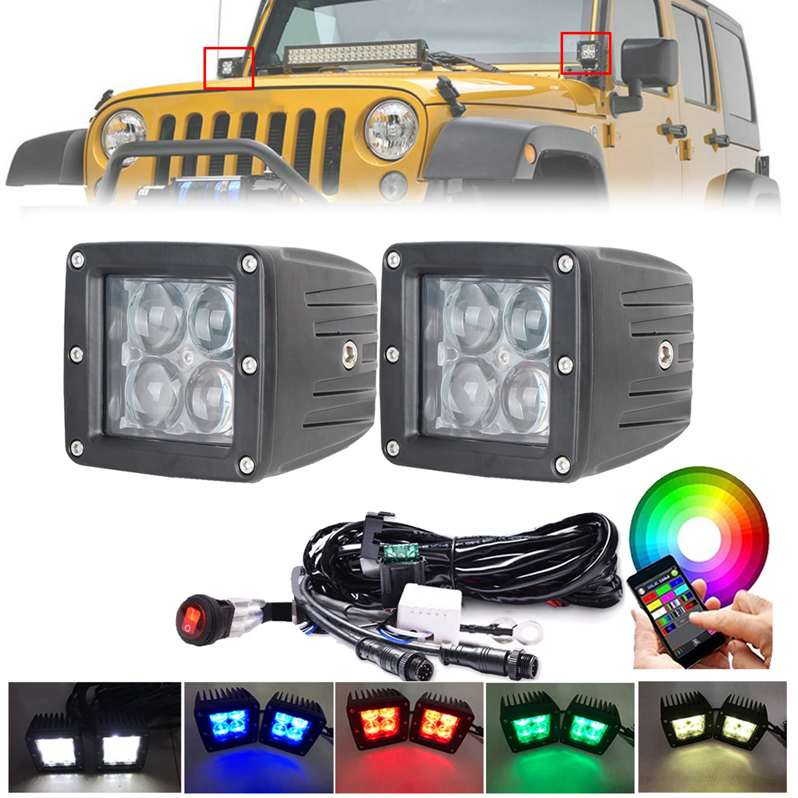 

2pcs/4pcs 3 inch RGB Led Work Light 120W Motorcycle Headlights Off-road Spotlight Fog Lamp & free Wiring Harness for Car ATV SUV