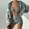 Women Clothing Crop Top Shorts Three Piece Set Knitted Zip Hooded Cardigan Sweatshirt 1