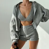 Women Clothing Crop Top Shorts Three Piece Set Knitted Zip Hooded Cardigan Sweatshirt 1