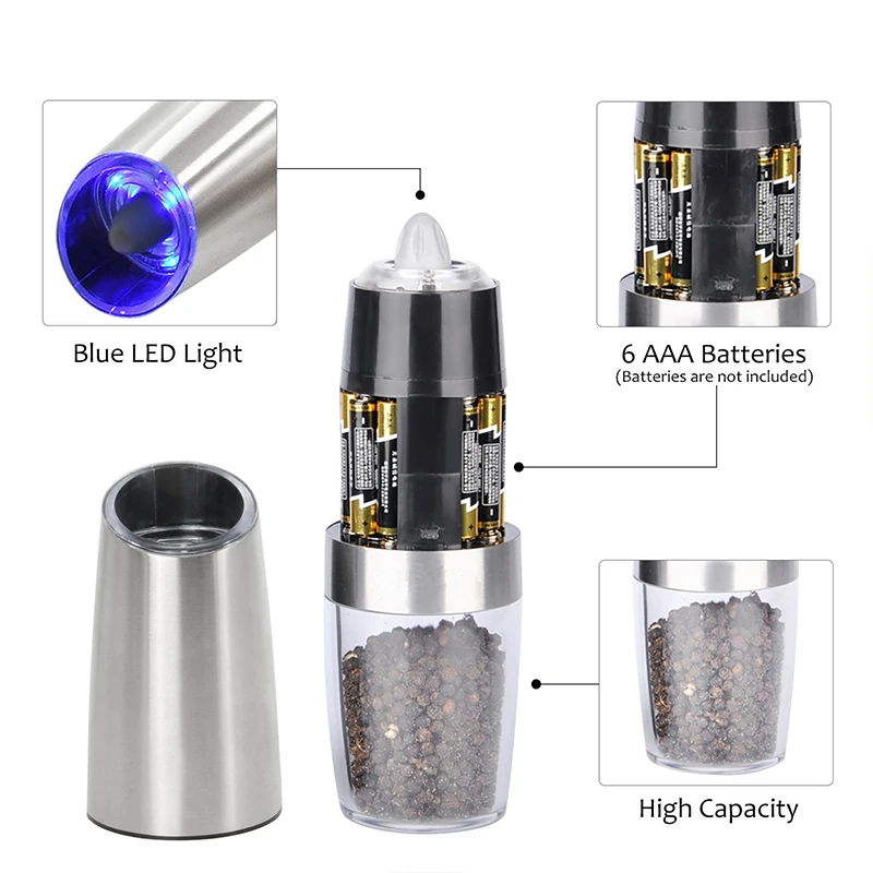 Description Picture 6 of itemElectric Automatic Salt Pepper Grinder Gravity Spice Mill Battery-Operated Adjustable Coarseness One Hand Operated Kitchen Tool