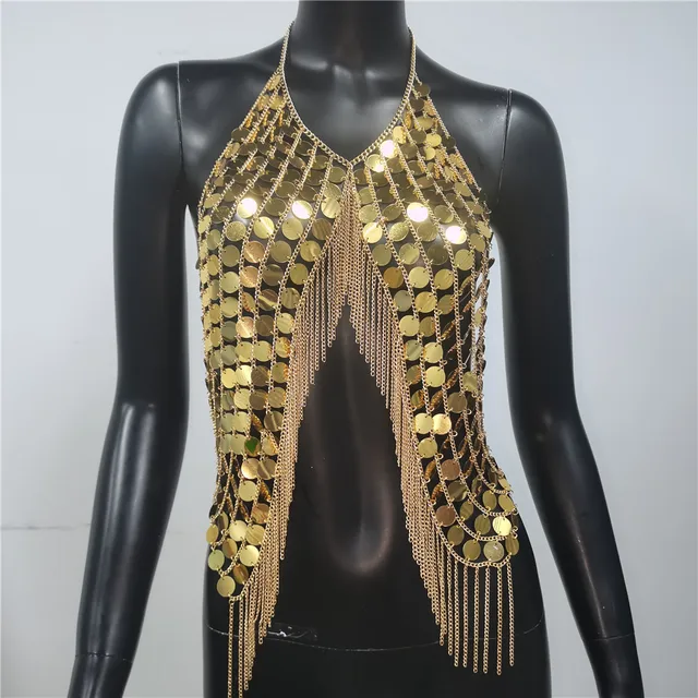 Metallic Sequin Backless Tassel Tops 25