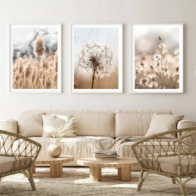 

Modern Beige Flower Grass Dandelion Canvas Painting Botanical Landscape Wall Art Poster Living Room Decoration Home Decor