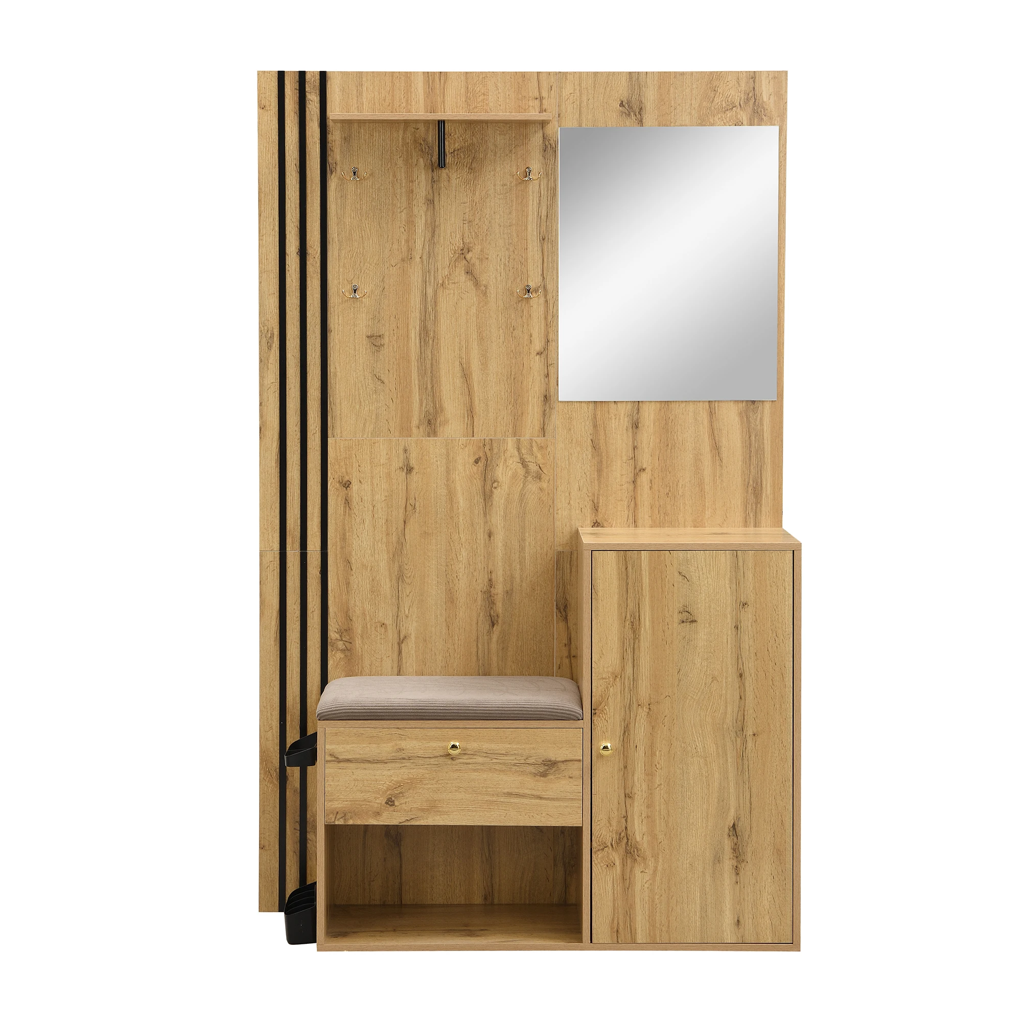 Kompaktes Garderobenset mit Spiegel, Kissen, schwarzem Zierstreifen, Regenschirmhalter und Schuhschrank (B x H x T: 115 x 185 x 37). – Detail 18