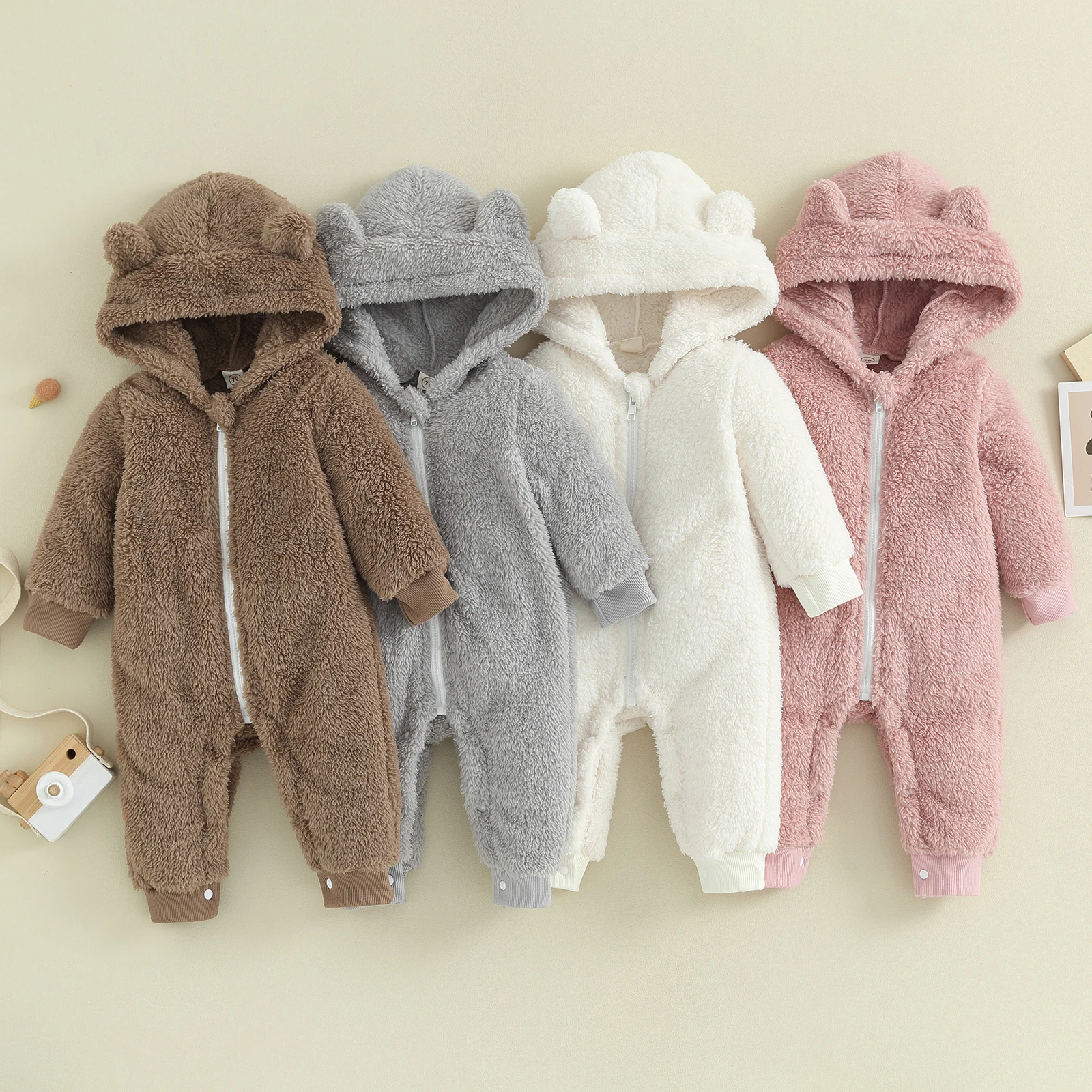 

Baby Boys Girls Warm Plush Zipper Jumpsuits Solid Color Winter Autumn Newborn Long Sleeve Cartoon Hooded Romper