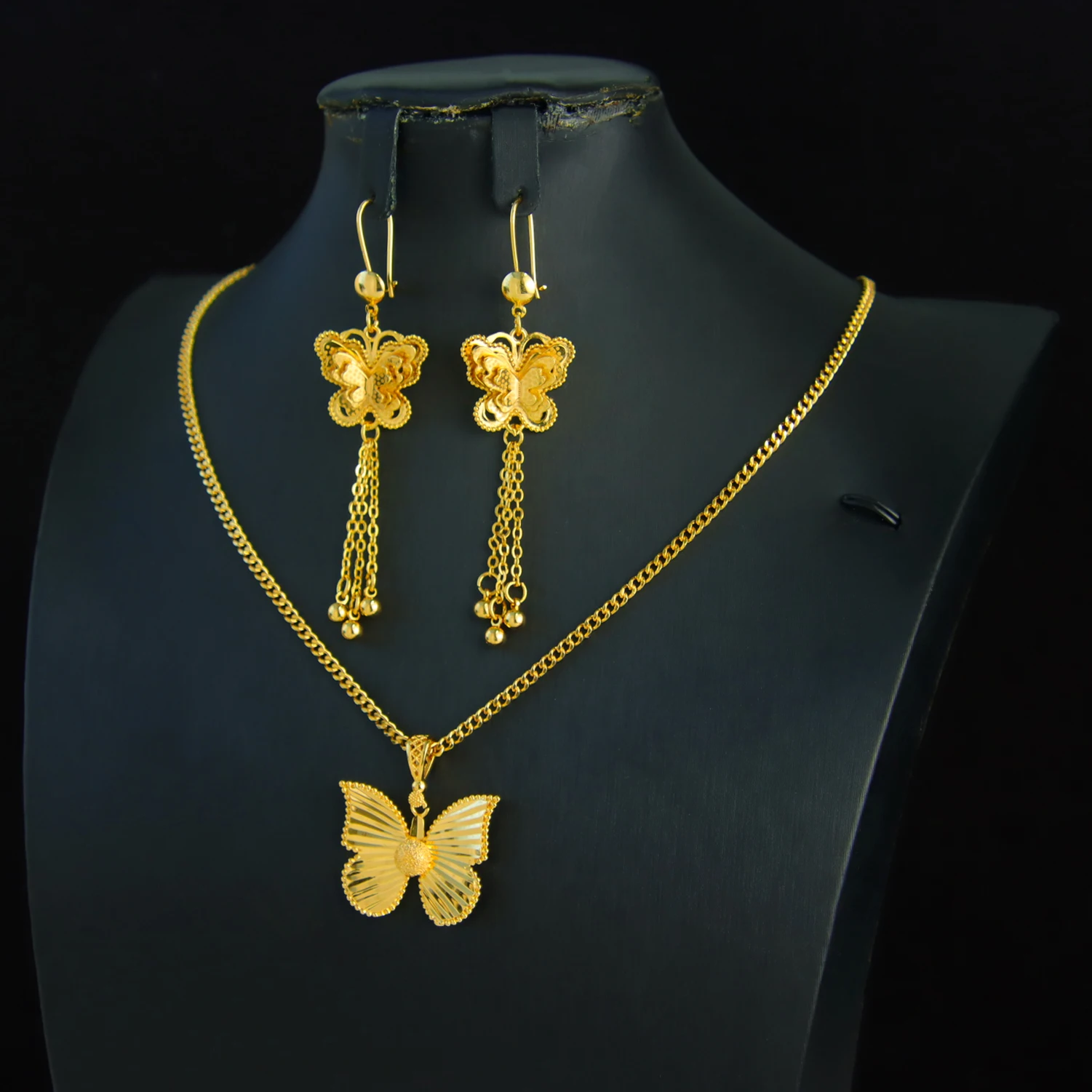 Dubai Mode Schmetterling Halskette Ohrringe Set 21k vergoldet Nigeria Braut Hochzeit Schmuck Arabisch Frauen Vintage Party Schmuck – Detail 5