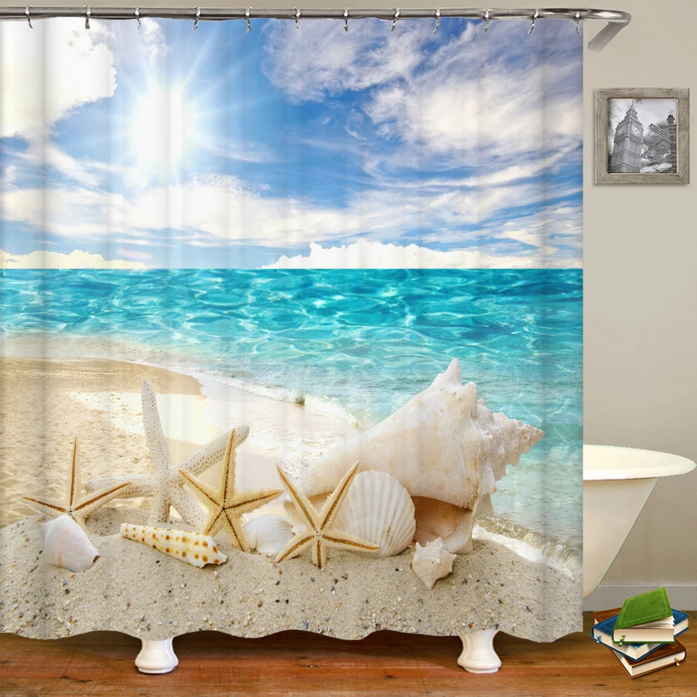 

3D Shower Curtain Various Sea Shell Beach Scenery Seaside Printed Bathroom Curtains Polyester Waterproof Home Decor 180x180cm