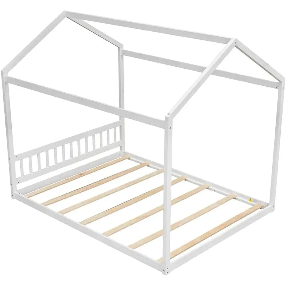 Queen Size Wooden House Bed Frame Kids Floor Bed with Headboard Roof Slats Support Children's Imaginative Play Durable Design 5