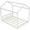 Queen Size Wooden House Bed Frame Kids Floor Bed with Headboard Roof Slats Support Children's Imaginative Play Durable Design 5