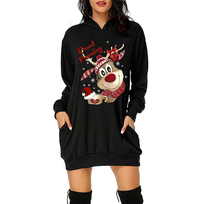 Women's Pockets Hoodies S-5XL New Years Long Sleeve Deers Printed Pullovers Merry Chritmas Autumn Winter Red Casual Sweatshirts