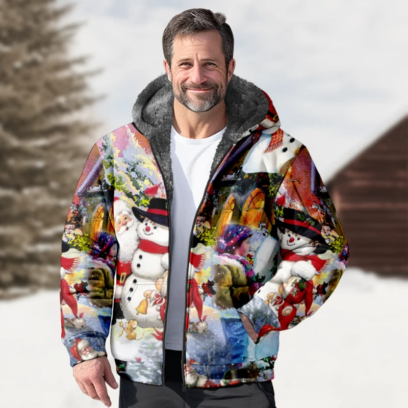 Christmas Cotton Coat Hooded Sweater Casual Print Men's Fur Loop Arctic Velvet Zipper Patch Pocket Hooded Sweater a01
