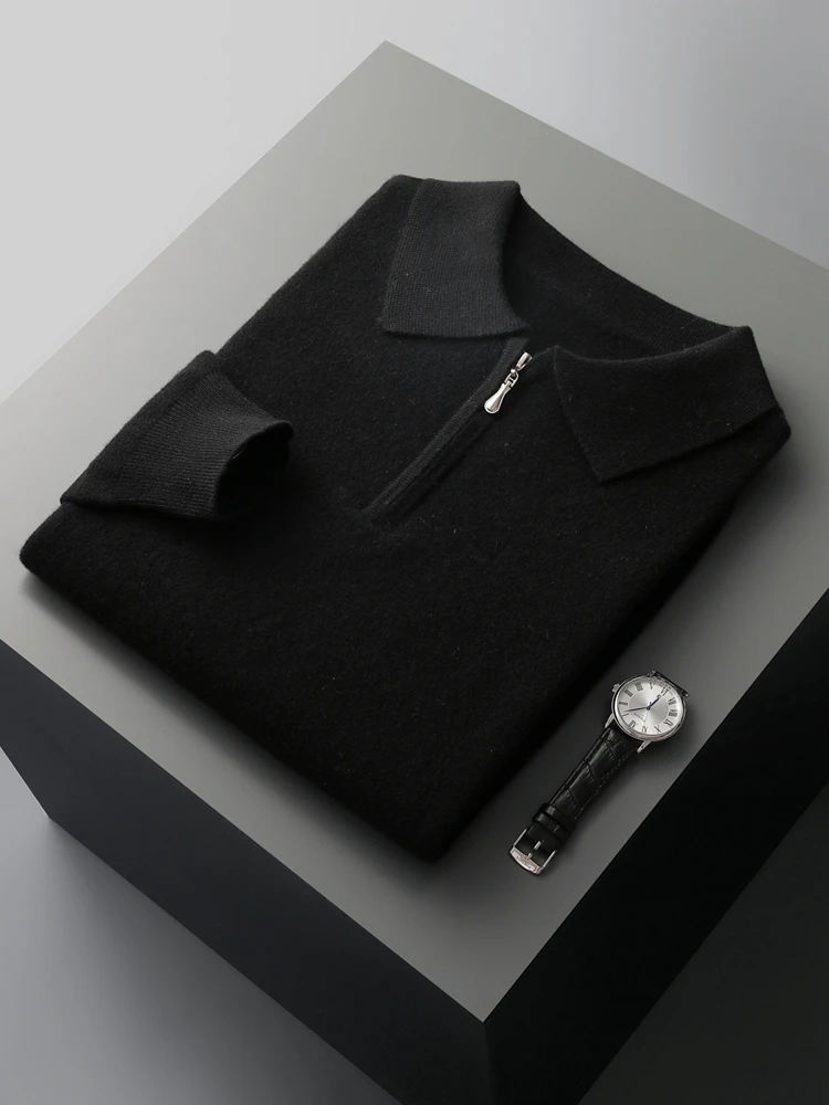 CHICUU Men Polo Cashmere Sweater Zipper Smart Casual Pullover 100% Merino Wool Knitwear Autumn Winter Soft Comfy Basic Tops 5