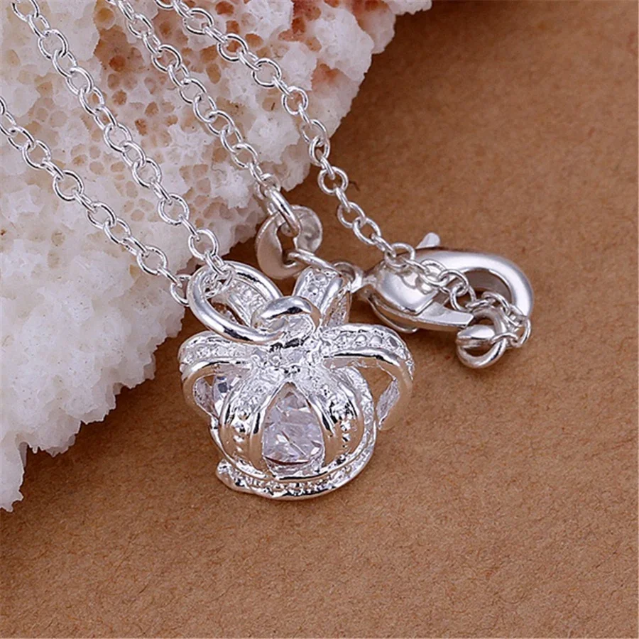 

Fine 925 Sterling Silver Crystal Diamond Crown Pendant Necklace For Woman Holiday Gift Wedding Party Luxury Designer Jewelry