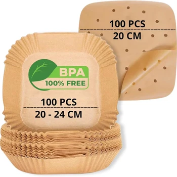 100 Pcs Air Fryer Paper Liners For Cosori Ninja 20-24cm Square Perforated Air Fryer Parchment Paper Disposable Oven Baking Trays