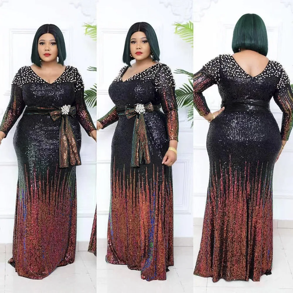 

Spring African Dresses for Women Long Sleeve V-neck Sequins Party Maxi Dress Dashiki Ankara Robes Weddings African Clothes 2022