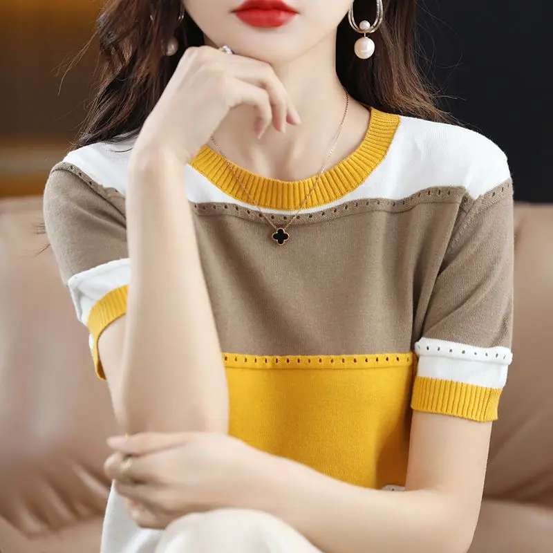 

O-neck 2024 New Striped Pathwork Linen Short Sleeve T-shirt Women Knitting T-shirt Top Summer Tee Female Ladies S106