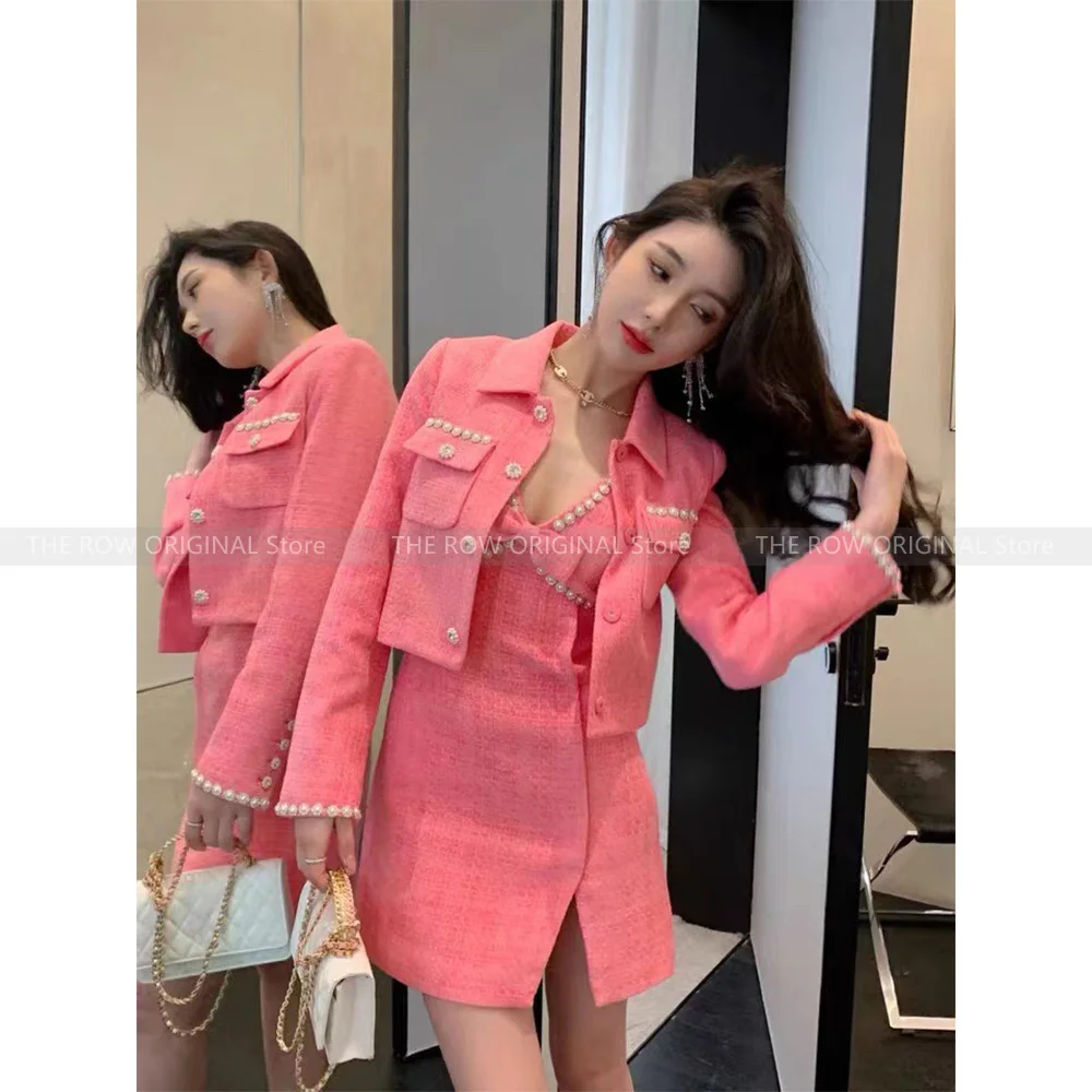 

Women's 23 Years of autumn new pink celebrity style beaded top jacket senior sense of Slim dress two-piece suit skirt