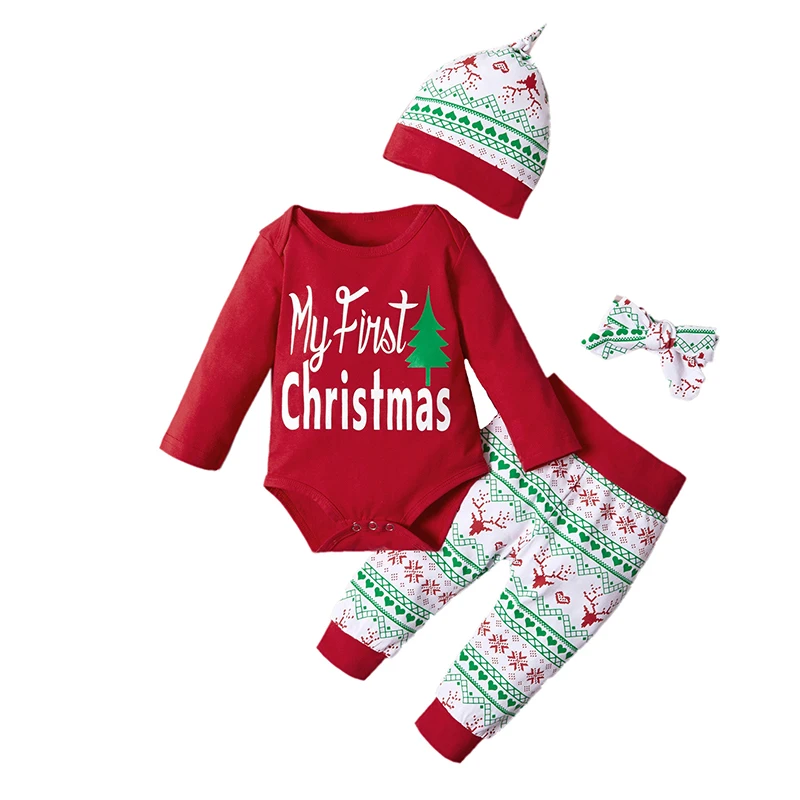 

Baby Gril Clothes Red Long Sleeve Printed Bodysuit Elastic Waist Pants Hat Hairband 4Pcs Set 0-18 Months Infant Christmas Suits