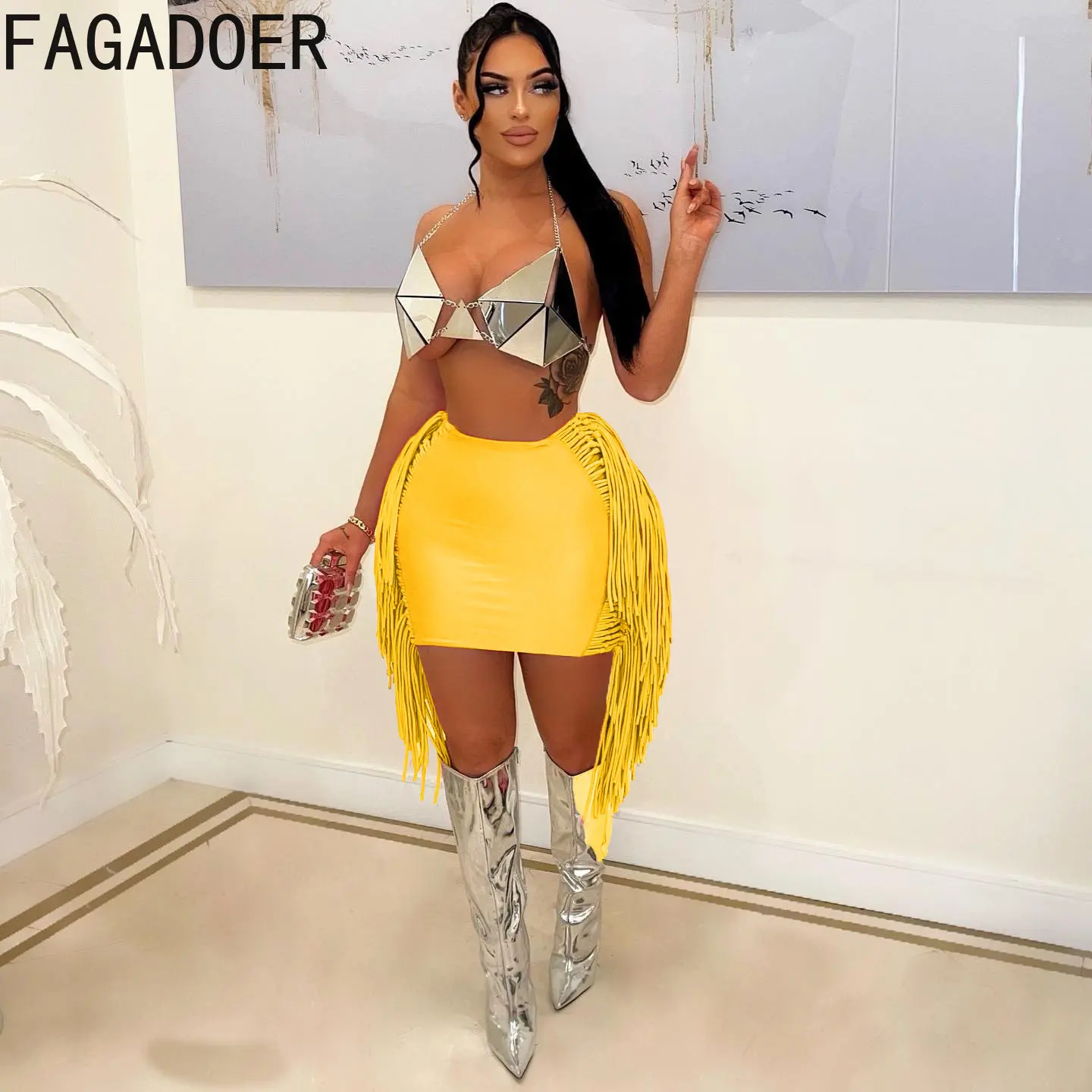 FAGADOER Sexy Tassel Bodycon Mini Skirts Party Club Outfits Women Fashion Chic Streetwear Short Birthday Holidays Skirt Solid - Image 2